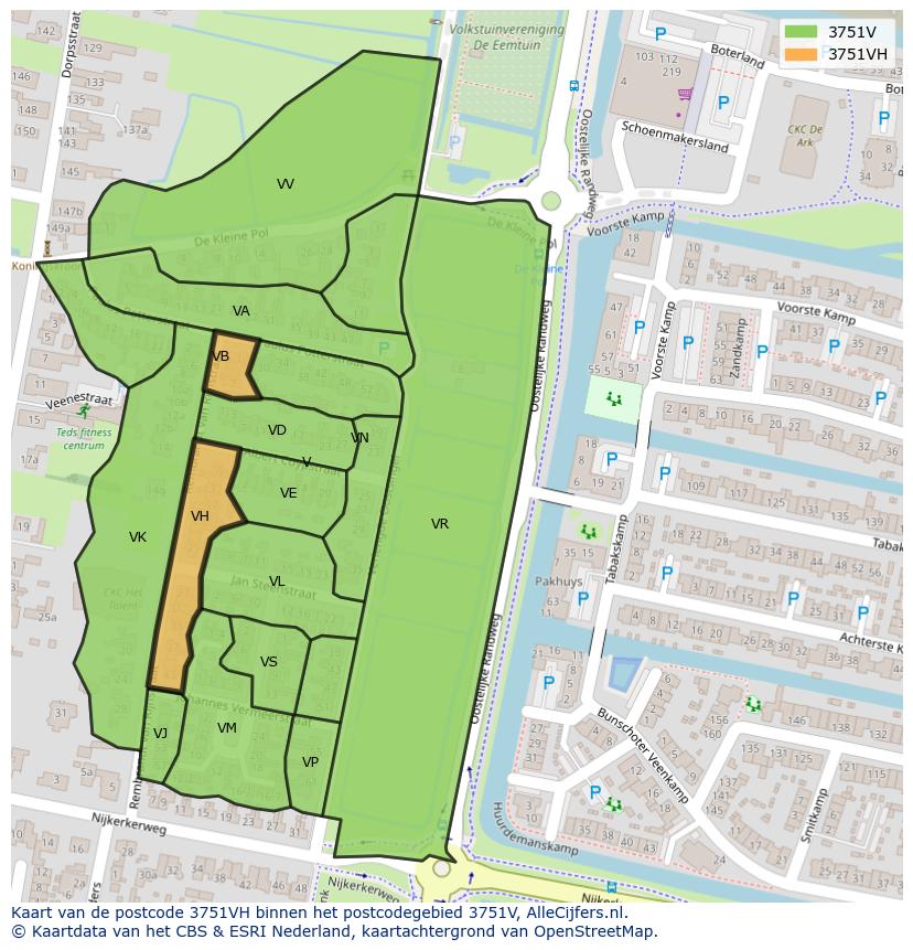 Afbeelding van het postcodegebied 3751 VH op de kaart.