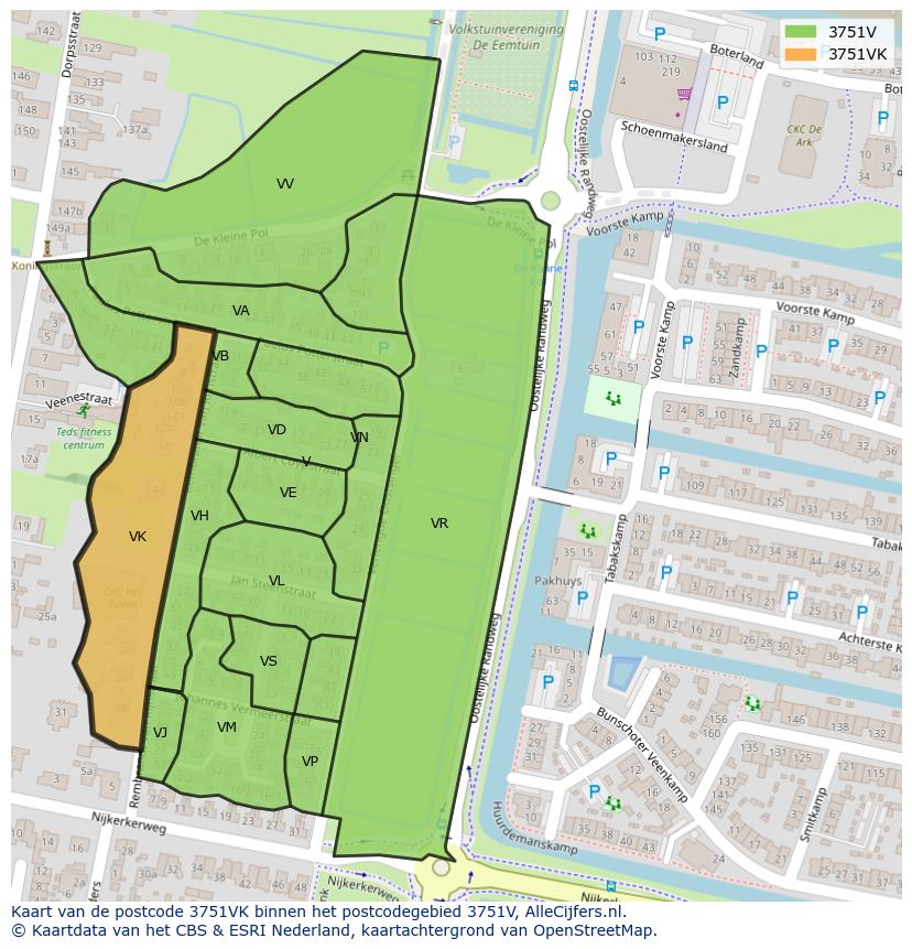 Afbeelding van het postcodegebied 3751 VK op de kaart.