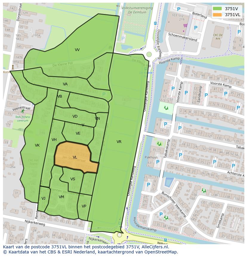 Afbeelding van het postcodegebied 3751 VL op de kaart.