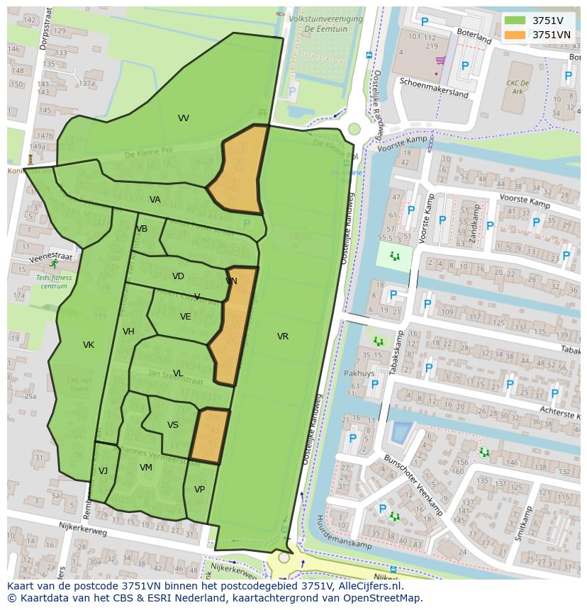 Afbeelding van het postcodegebied 3751 VN op de kaart.