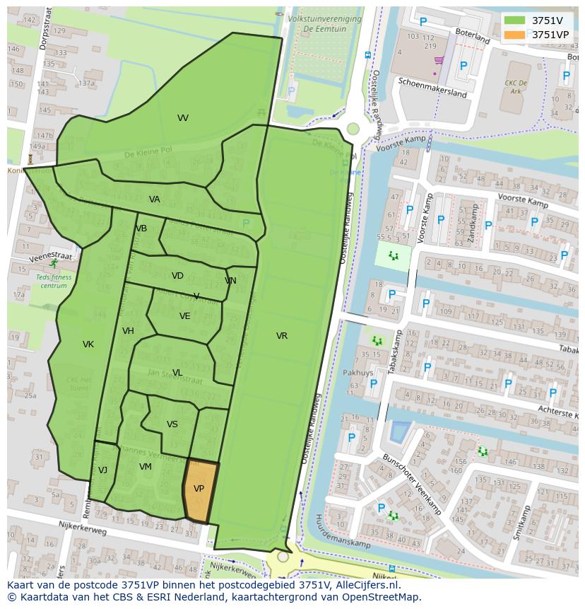 Afbeelding van het postcodegebied 3751 VP op de kaart.