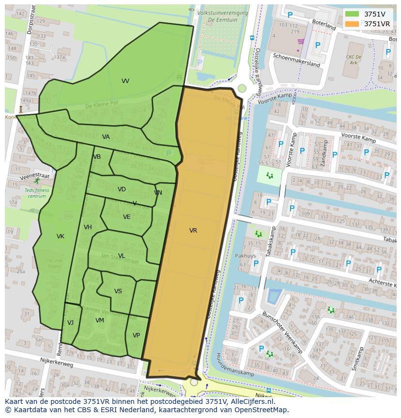 Afbeelding van het postcodegebied 3751 VR op de kaart.