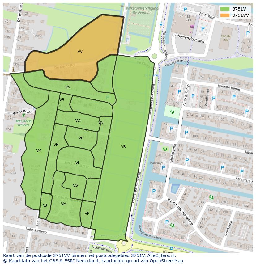 Afbeelding van het postcodegebied 3751 VV op de kaart.