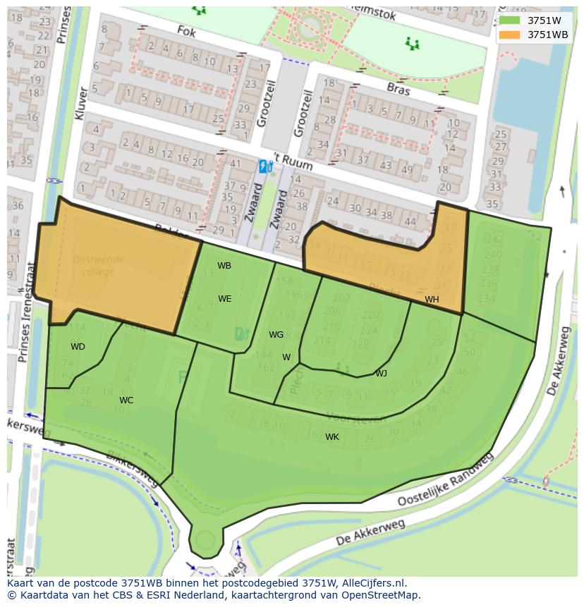 Afbeelding van het postcodegebied 3751 WB op de kaart.