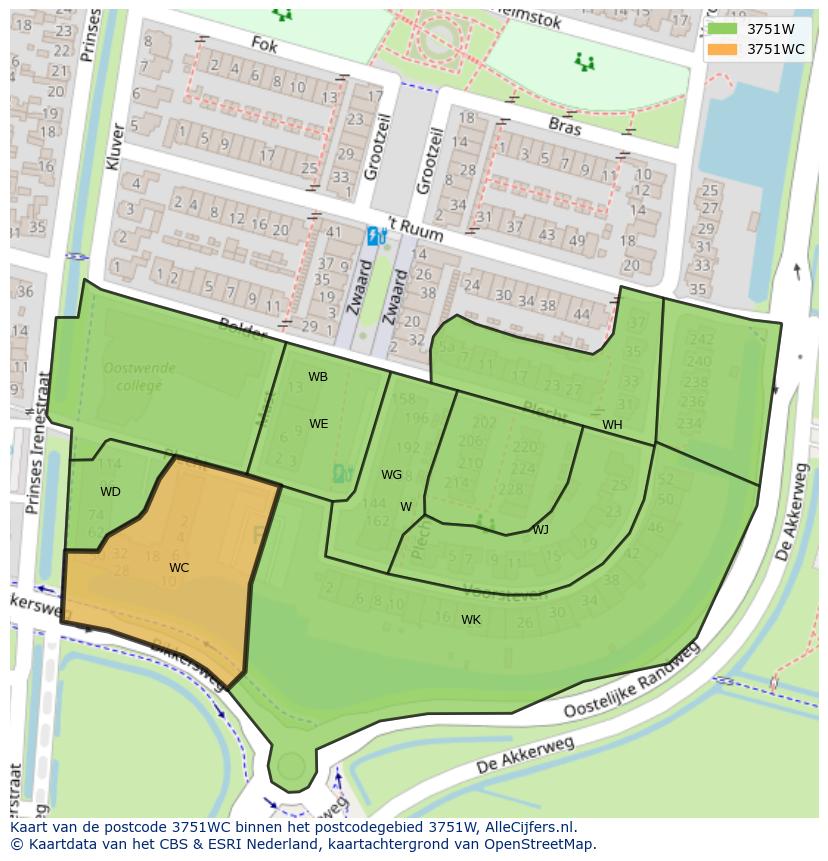 Afbeelding van het postcodegebied 3751 WC op de kaart.