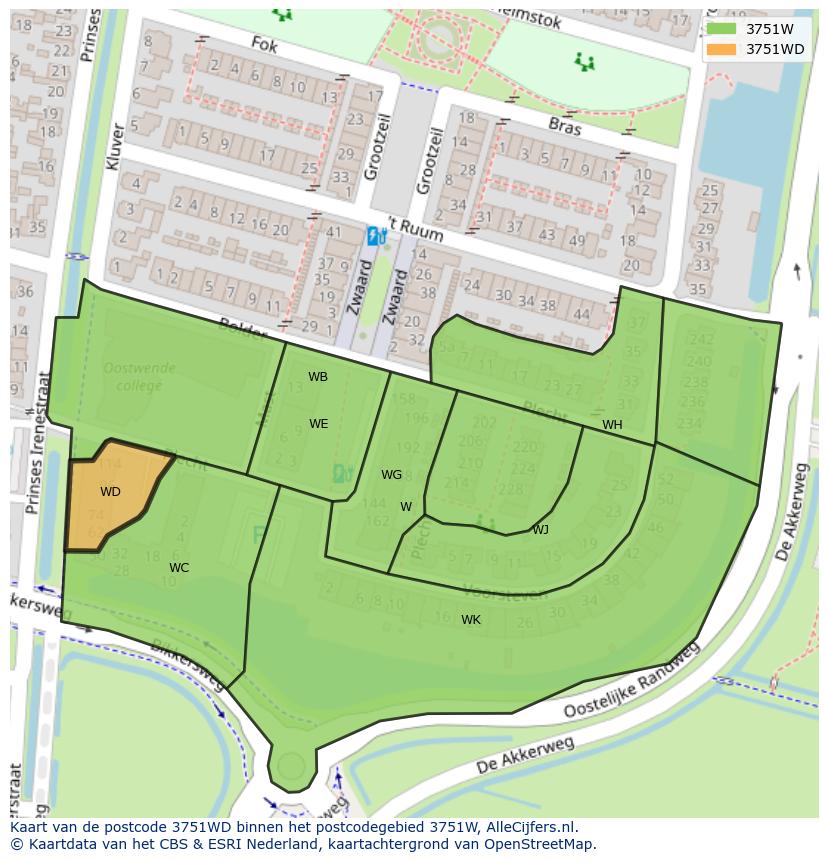 Afbeelding van het postcodegebied 3751 WD op de kaart.