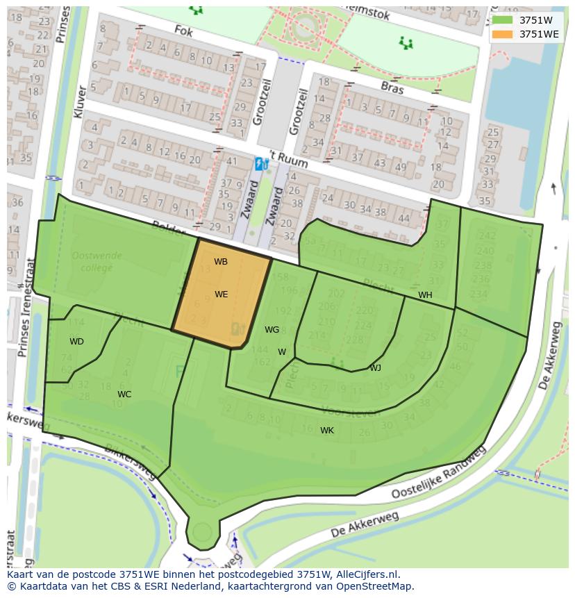 Afbeelding van het postcodegebied 3751 WE op de kaart.