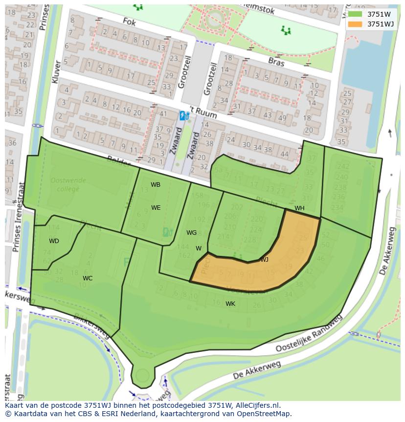 Afbeelding van het postcodegebied 3751 WJ op de kaart.