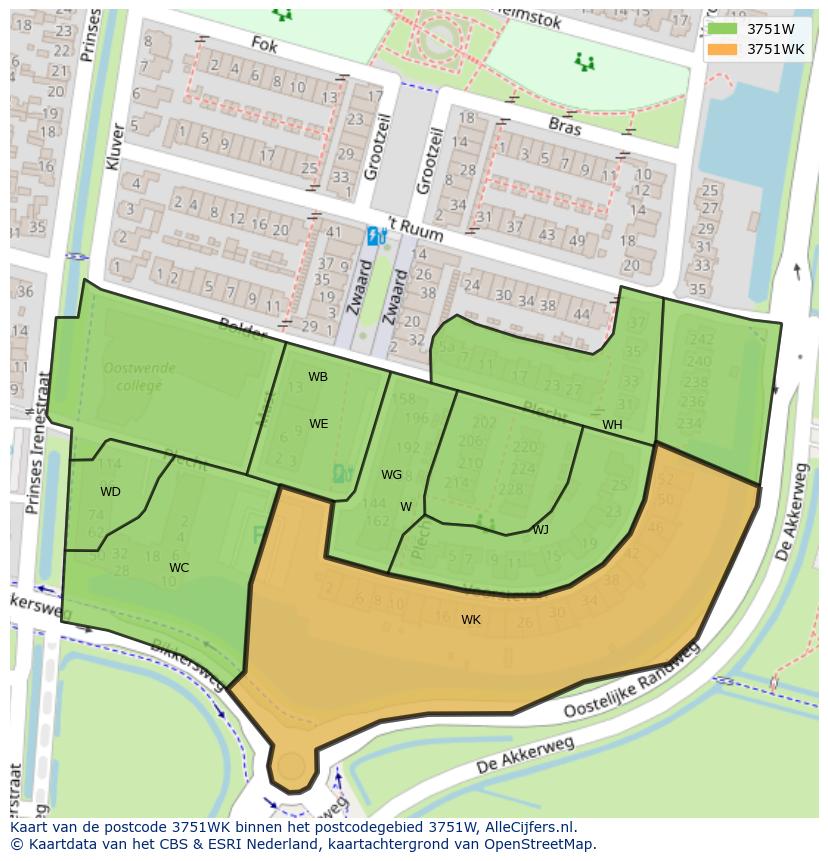 Afbeelding van het postcodegebied 3751 WK op de kaart.