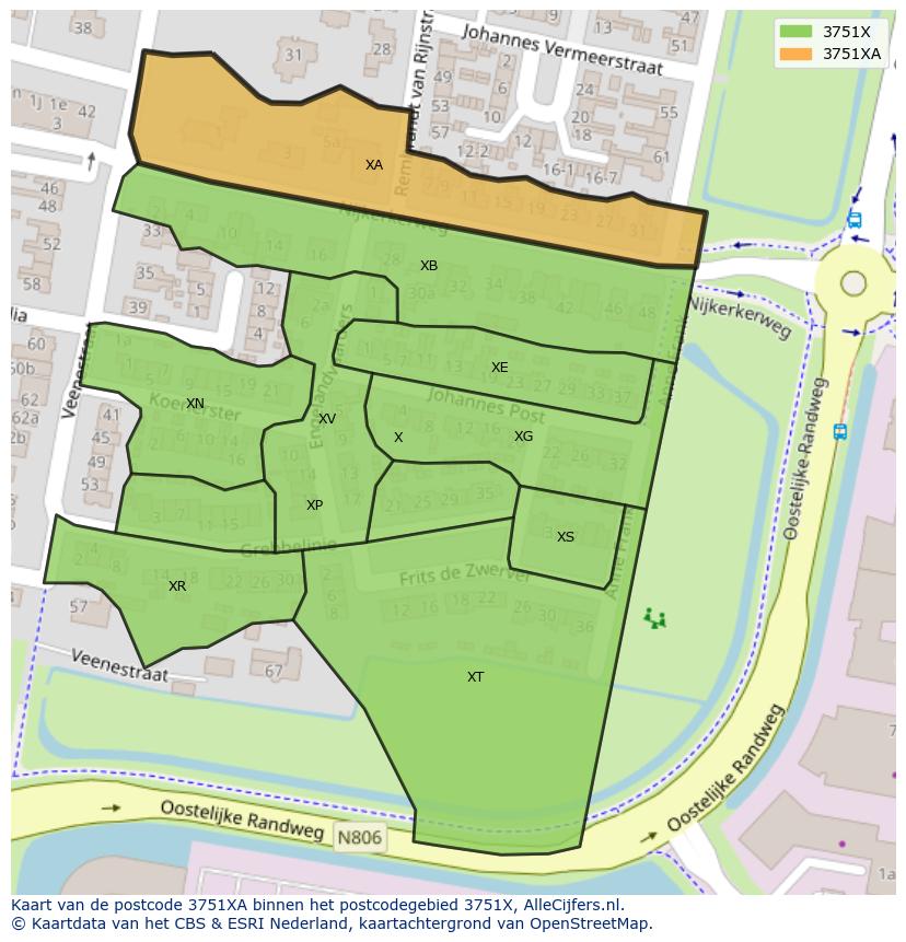 Afbeelding van het postcodegebied 3751 XA op de kaart.