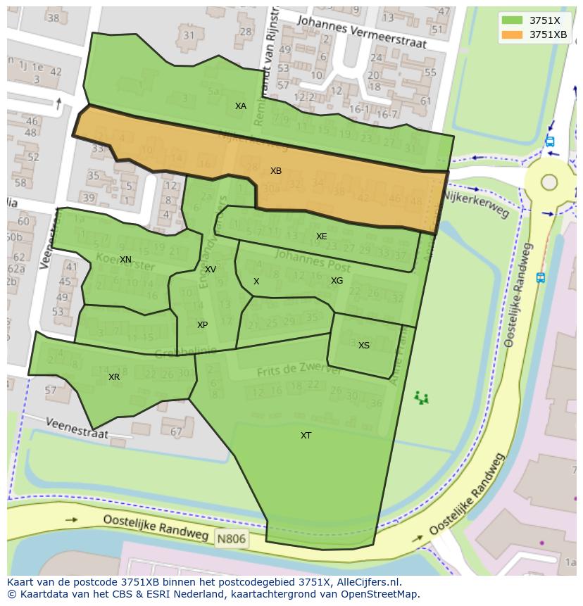 Afbeelding van het postcodegebied 3751 XB op de kaart.