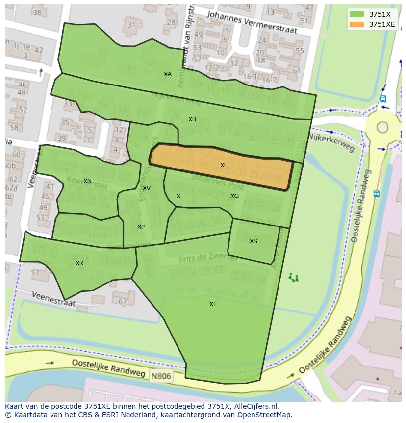 Afbeelding van het postcodegebied 3751 XE op de kaart.