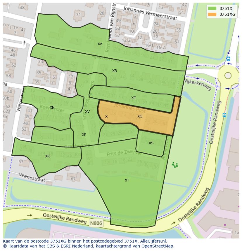 Afbeelding van het postcodegebied 3751 XG op de kaart.
