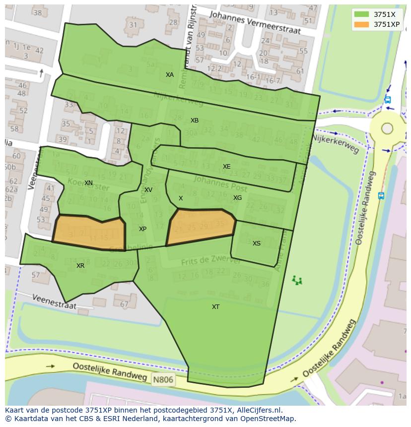 Afbeelding van het postcodegebied 3751 XP op de kaart.