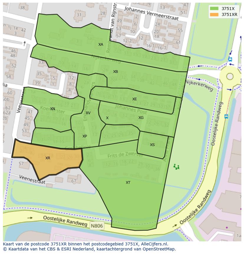 Afbeelding van het postcodegebied 3751 XR op de kaart.