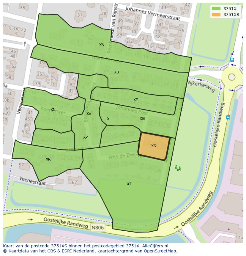 Afbeelding van het postcodegebied 3751 XS op de kaart.