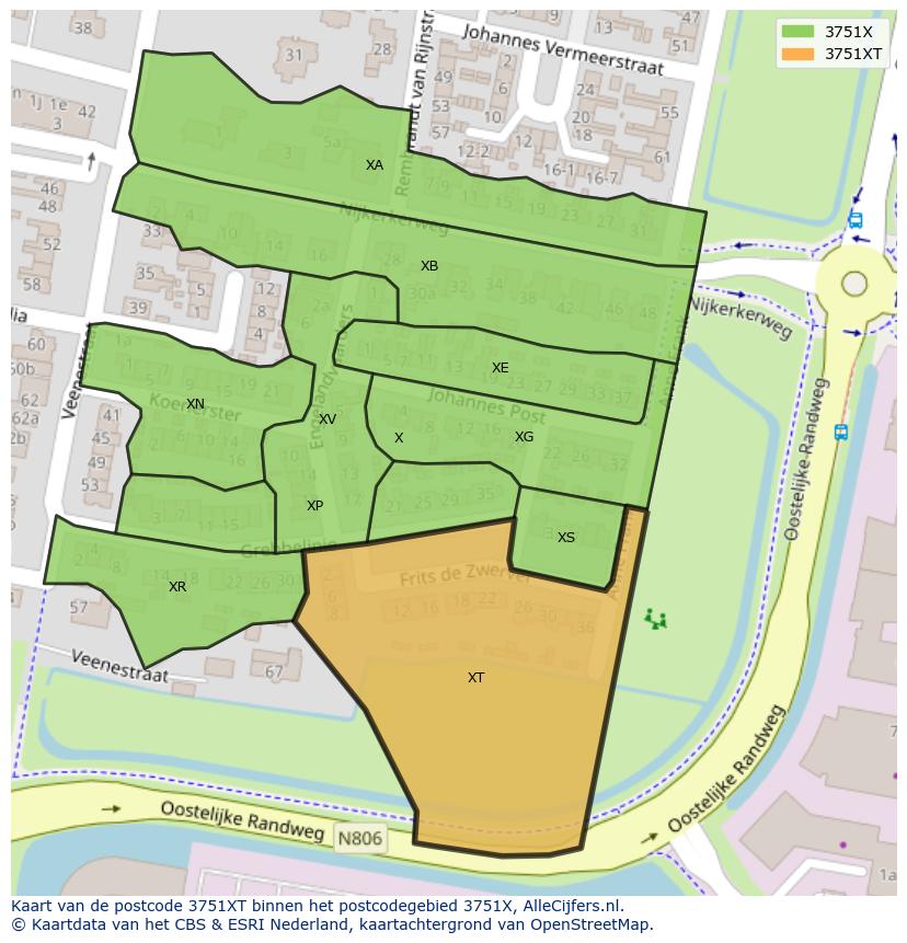 Afbeelding van het postcodegebied 3751 XT op de kaart.