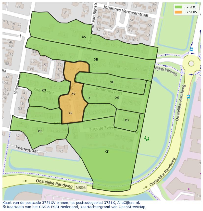 Afbeelding van het postcodegebied 3751 XV op de kaart.