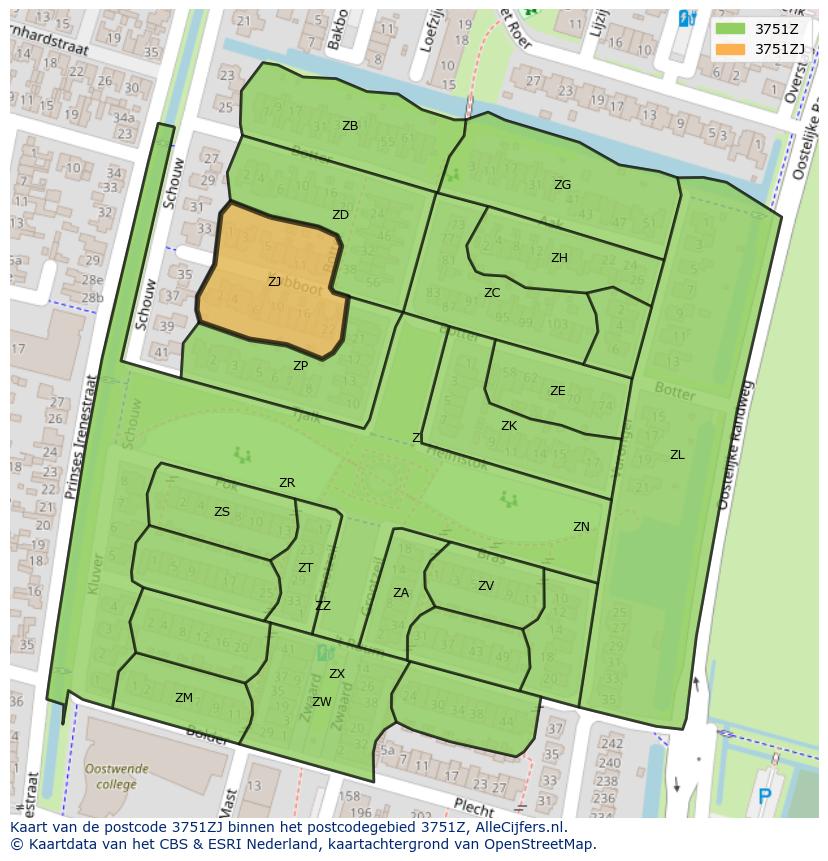 Afbeelding van het postcodegebied 3751 ZJ op de kaart.