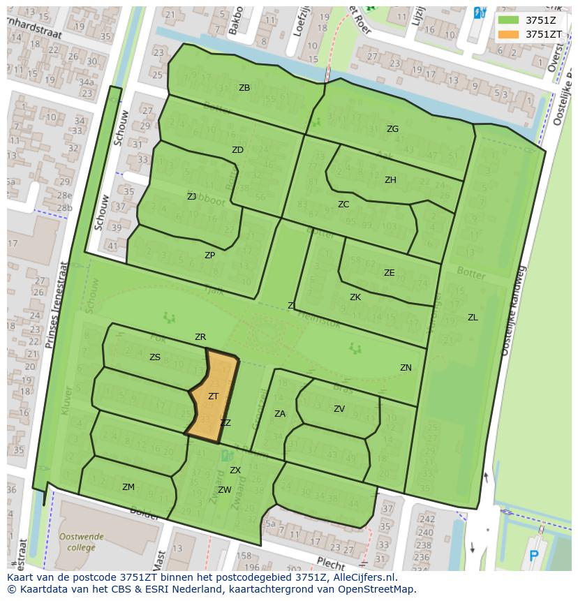 Afbeelding van het postcodegebied 3751 ZT op de kaart.