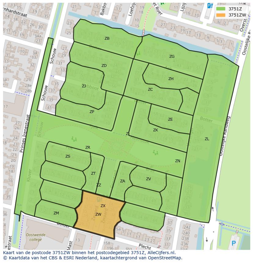 Afbeelding van het postcodegebied 3751 ZW op de kaart.