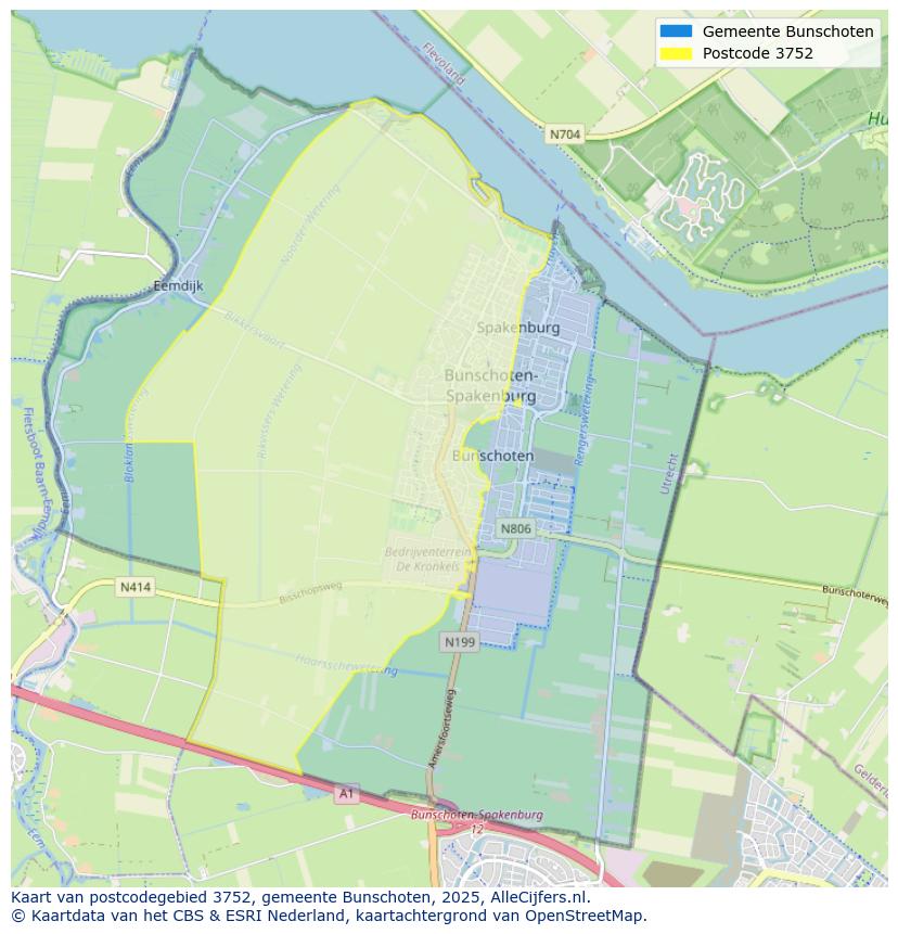 Afbeelding van het postcodegebied 3752 op de kaart.