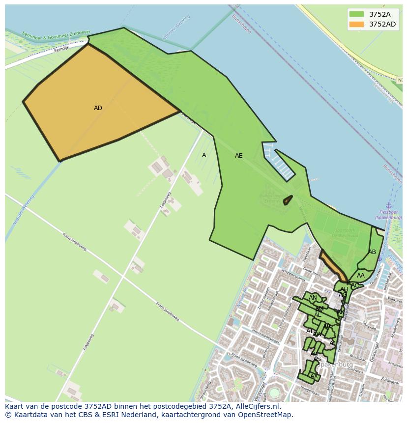 Afbeelding van het postcodegebied 3752 AD op de kaart.