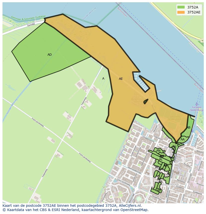 Afbeelding van het postcodegebied 3752 AE op de kaart.