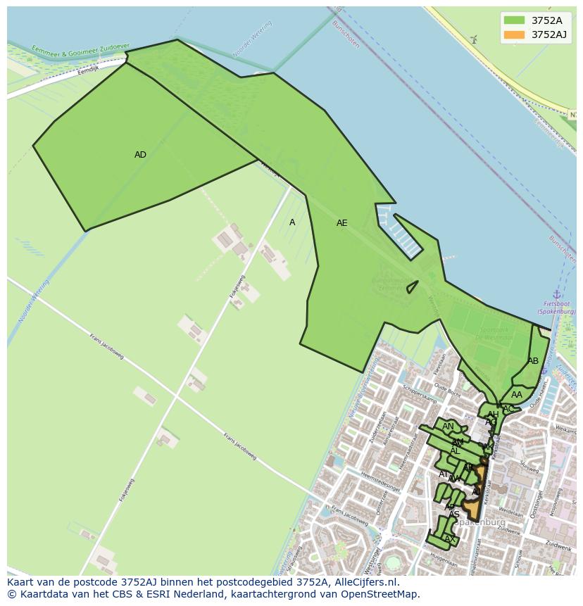 Afbeelding van het postcodegebied 3752 AJ op de kaart.