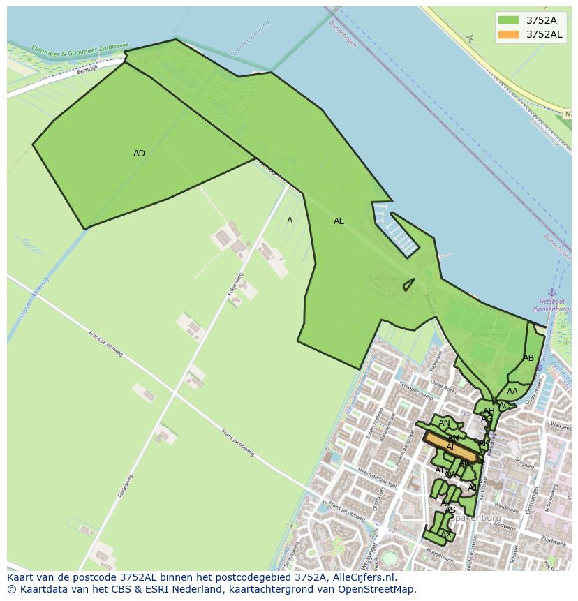 Afbeelding van het postcodegebied 3752 AL op de kaart.