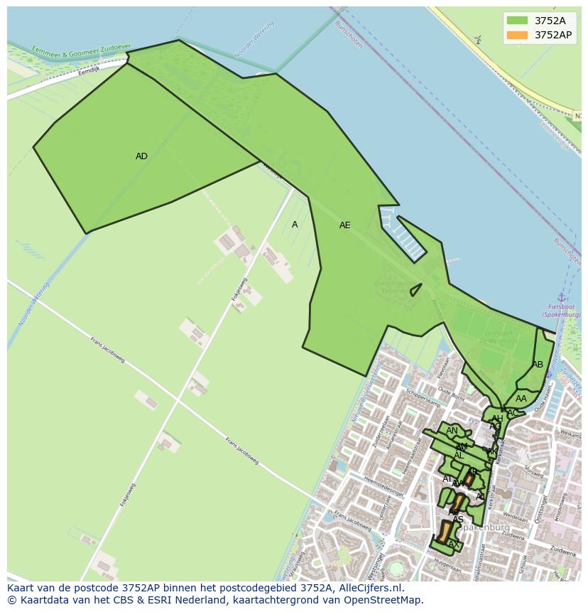 Afbeelding van het postcodegebied 3752 AP op de kaart.