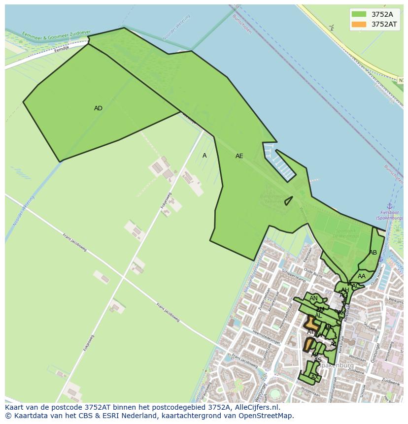 Afbeelding van het postcodegebied 3752 AT op de kaart.