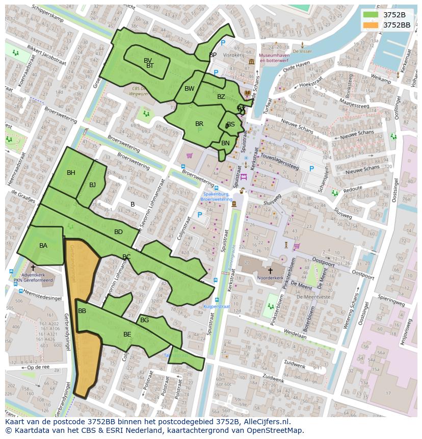 Afbeelding van het postcodegebied 3752 BB op de kaart.