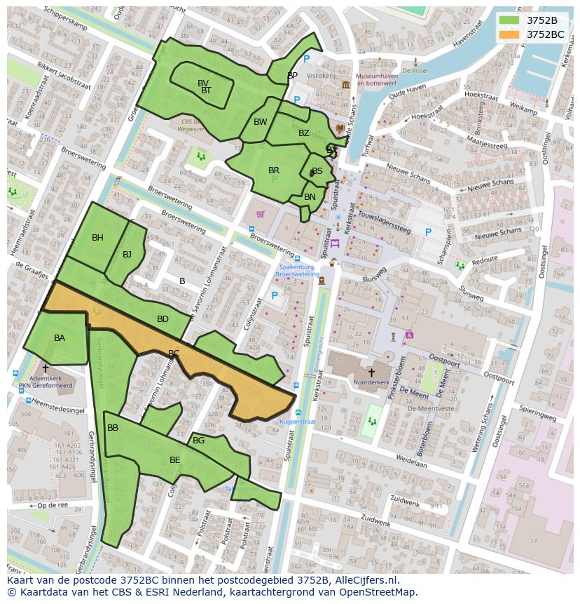Afbeelding van het postcodegebied 3752 BC op de kaart.