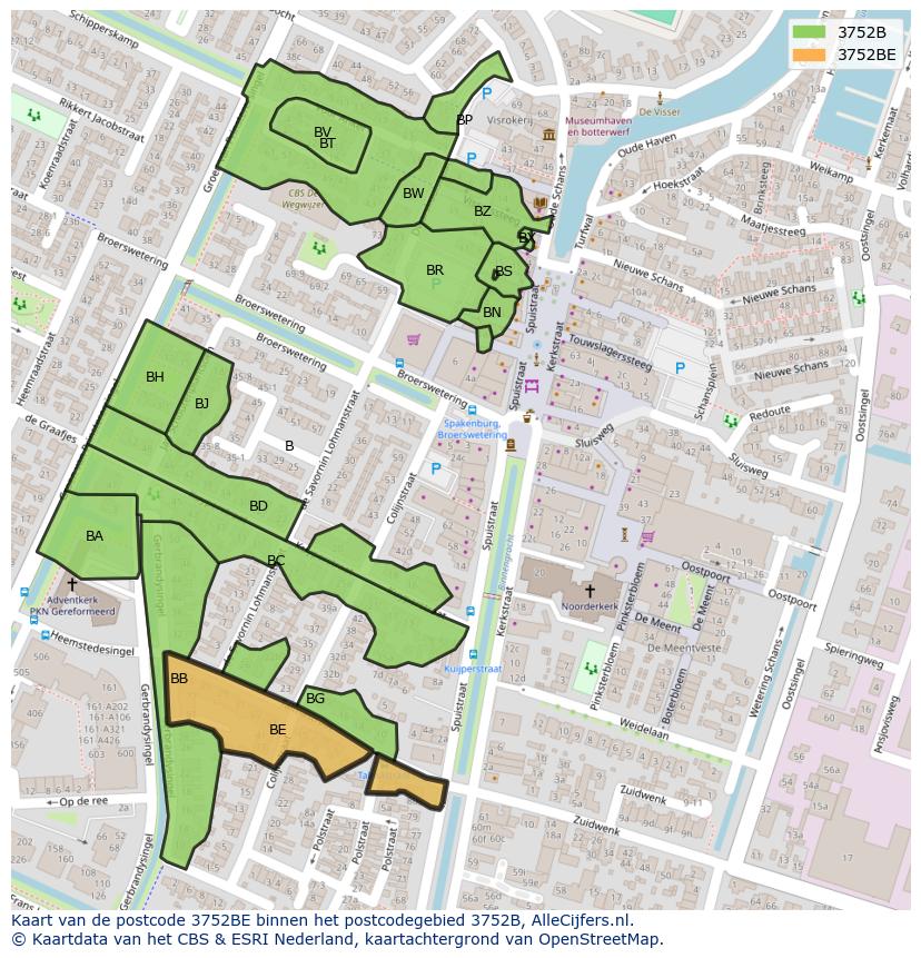 Afbeelding van het postcodegebied 3752 BE op de kaart.