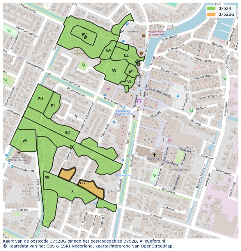 Afbeelding van het postcodegebied 3752 BG op de kaart.