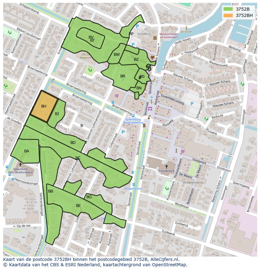 Afbeelding van het postcodegebied 3752 BH op de kaart.