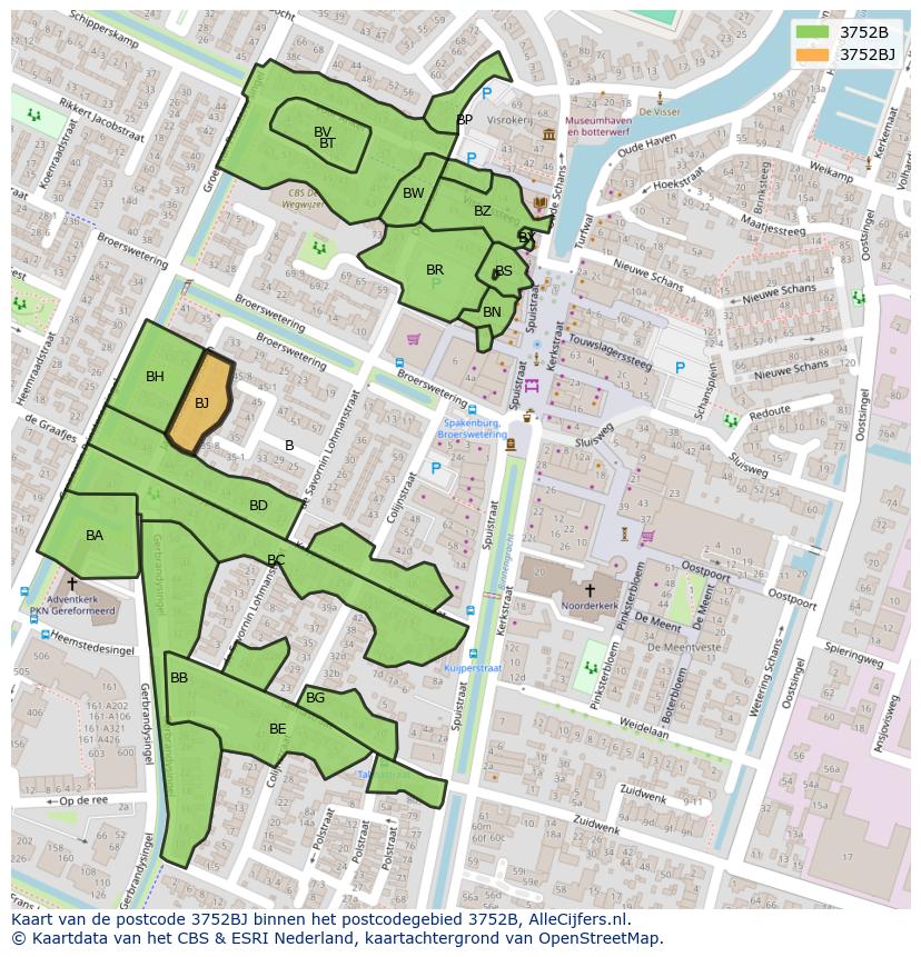 Afbeelding van het postcodegebied 3752 BJ op de kaart.
