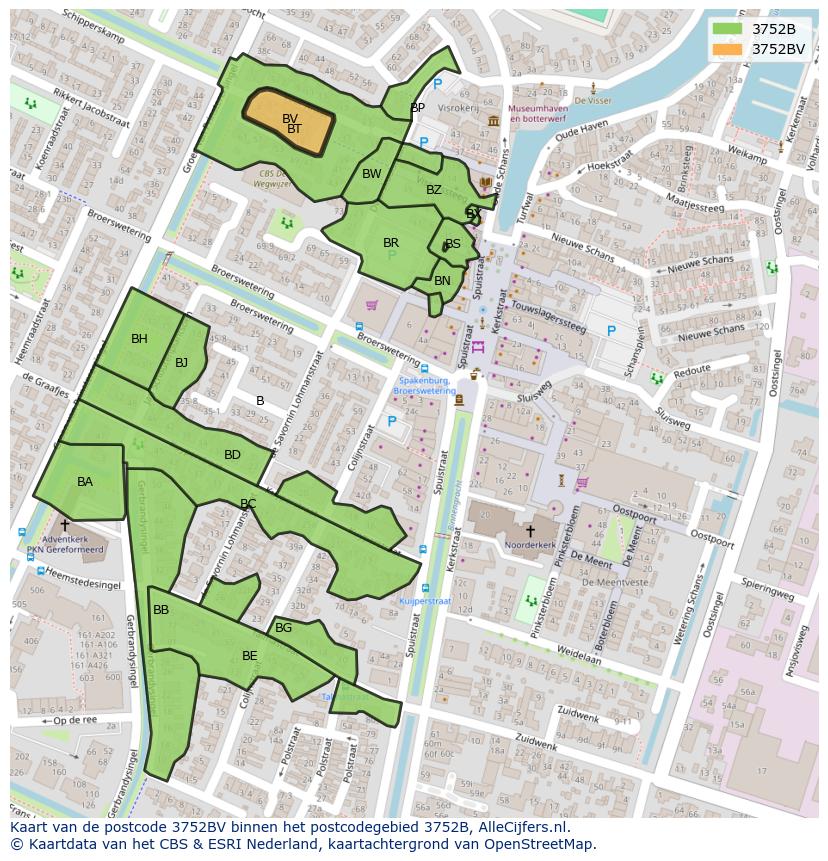 Afbeelding van het postcodegebied 3752 BV op de kaart.