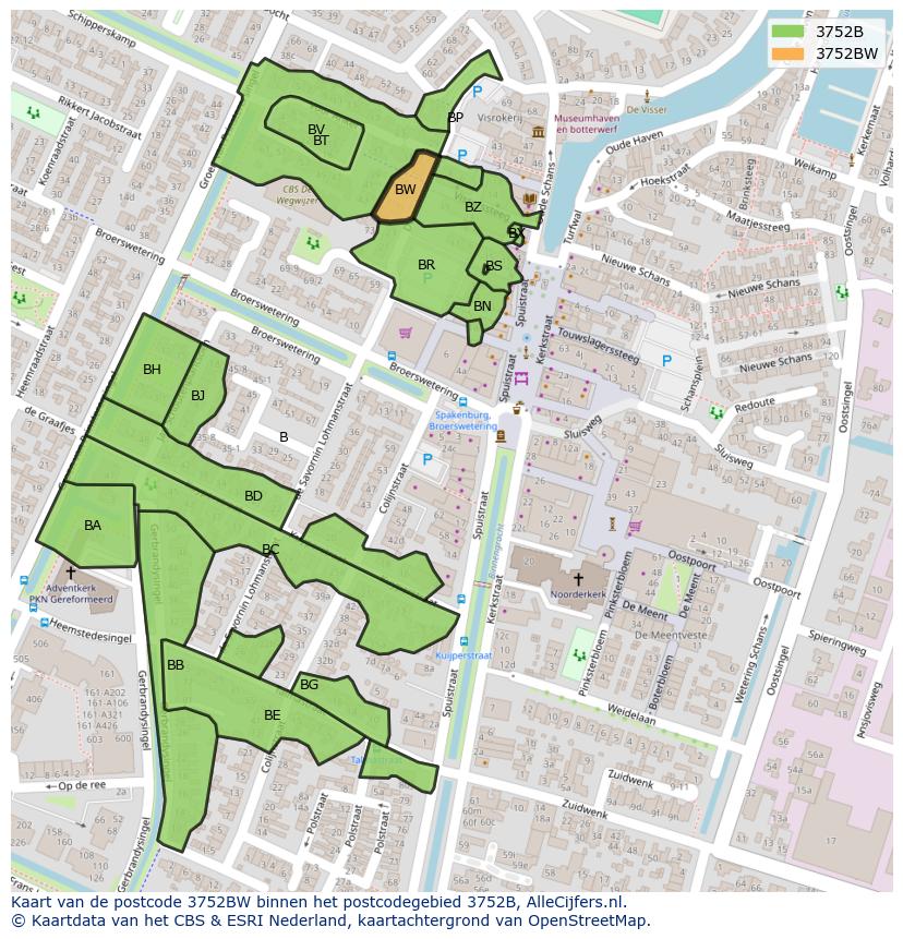 Afbeelding van het postcodegebied 3752 BW op de kaart.