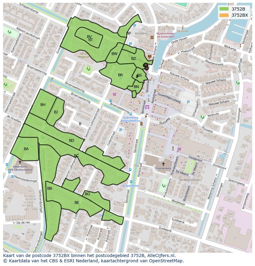 Afbeelding van het postcodegebied 3752 BX op de kaart.