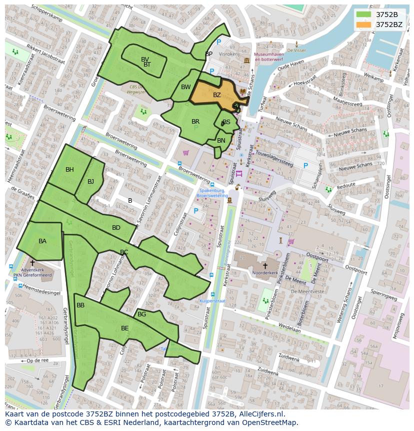 Afbeelding van het postcodegebied 3752 BZ op de kaart.