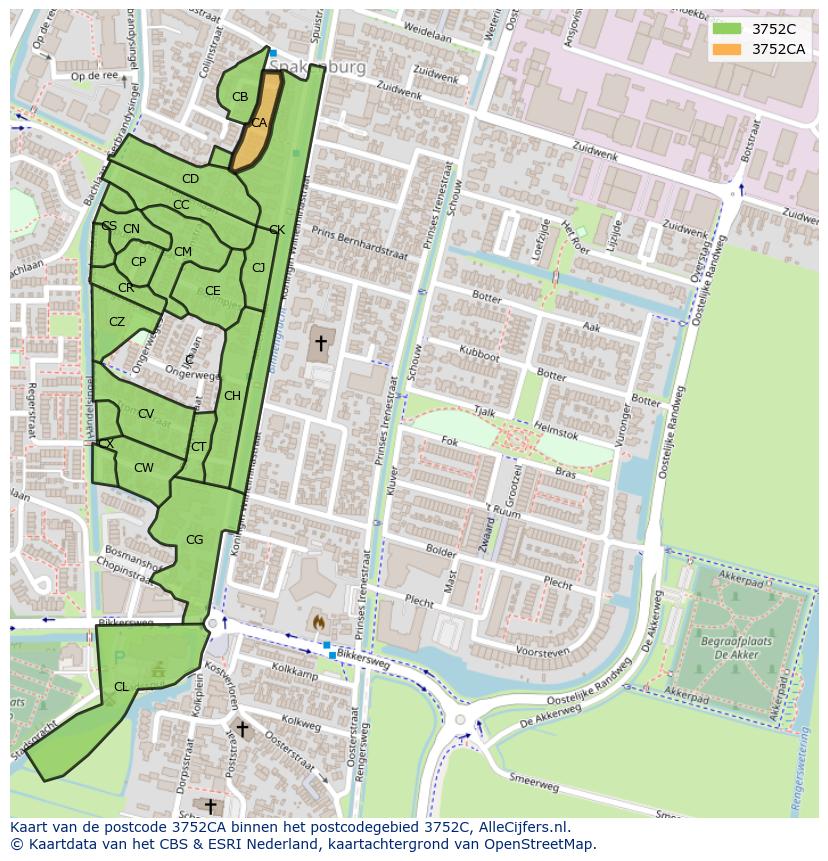 Afbeelding van het postcodegebied 3752 CA op de kaart.