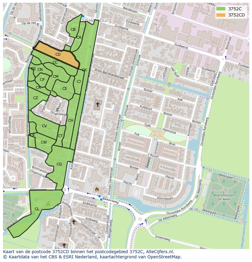 Afbeelding van het postcodegebied 3752 CD op de kaart.