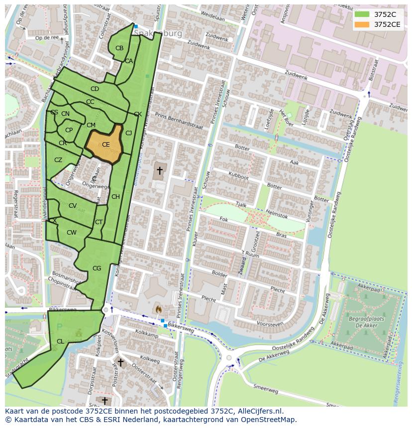 Afbeelding van het postcodegebied 3752 CE op de kaart.