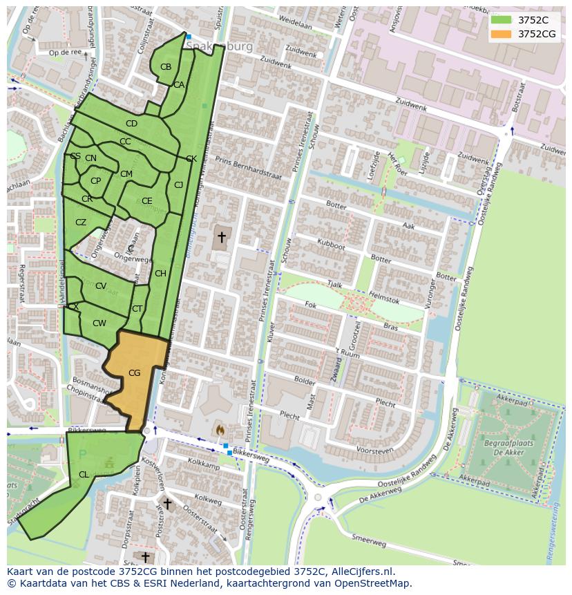 Afbeelding van het postcodegebied 3752 CG op de kaart.
