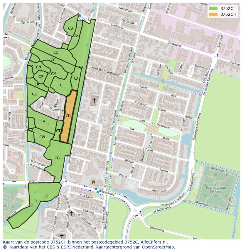 Afbeelding van het postcodegebied 3752 CH op de kaart.