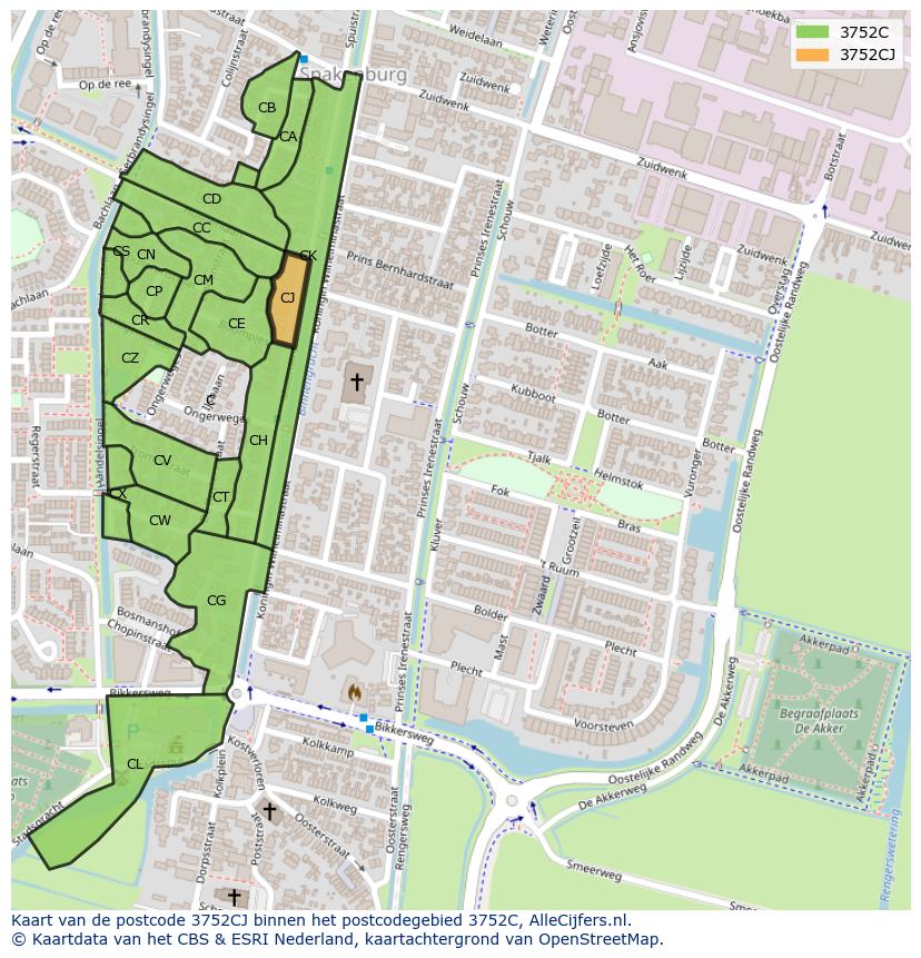 Afbeelding van het postcodegebied 3752 CJ op de kaart.