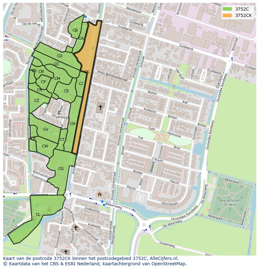 Afbeelding van het postcodegebied 3752 CK op de kaart.
