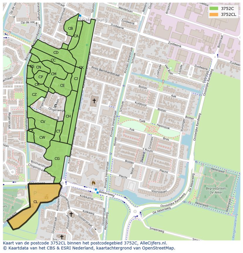 Afbeelding van het postcodegebied 3752 CL op de kaart.